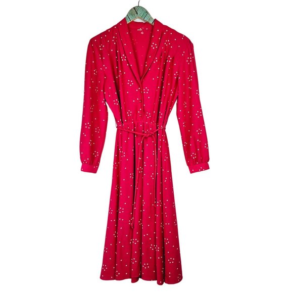 Vintage 70's Red Dress with White Stars, Midi, Tie Waist and Button Front, Sz 12 - Picture 1 of 11